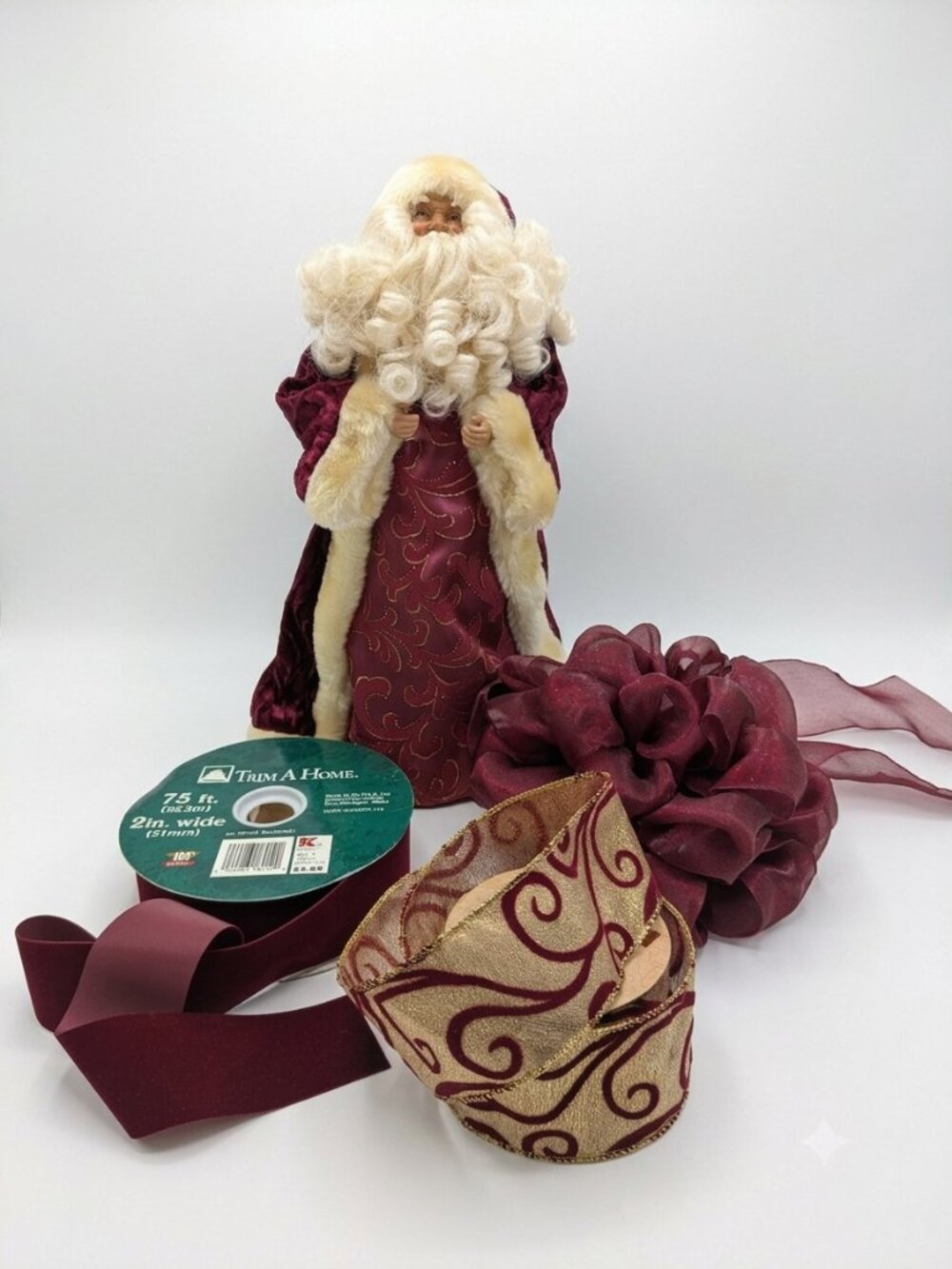 Burgundy & Gold Christmas Decor 4 Pc Bundle: Santa Topper, Vintage Ribbon & Bows